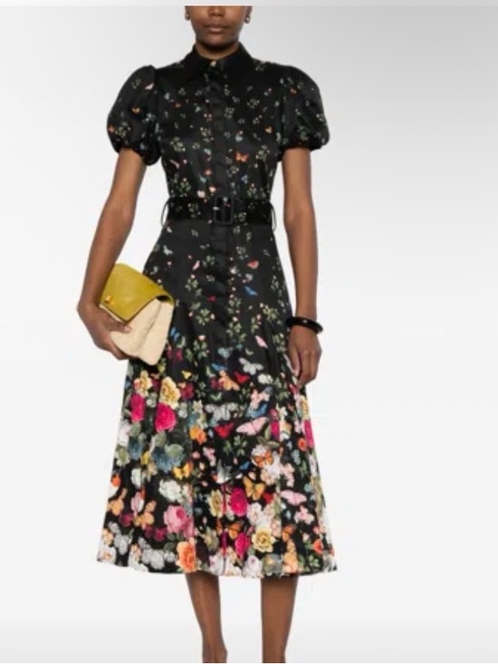 Alice + Olivia Dresses & Skirts - Alice + Olivia Black Floral & Butterfly Midi Dress with Puff Sleeves